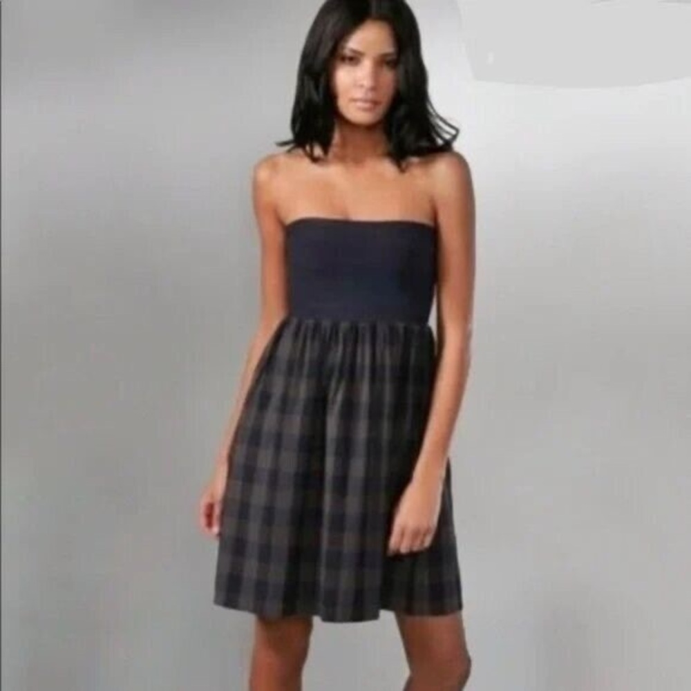 THEORY Plaid Trois C Strapless Bandeau Top Dress